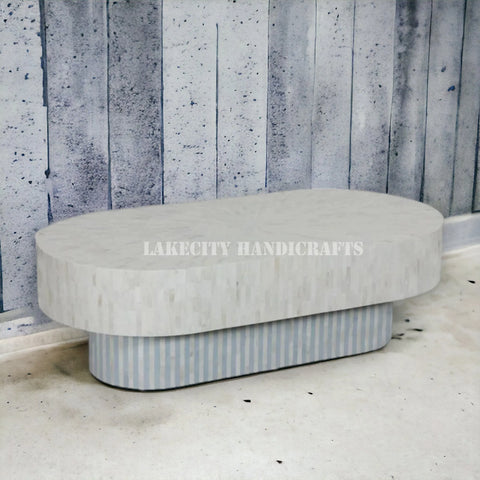 Full Bone Inlay Oval Shape Coffee Table White & Mint Blue | Full Bone Inlay Oval Shape Center Table White & Mint Blue