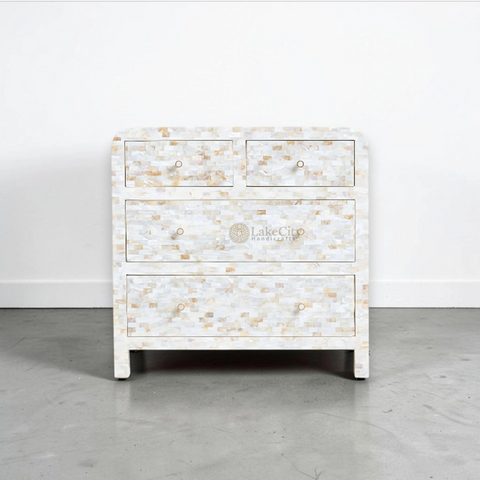Full Mother Of Pearl Inlay Rectangle 4 Drawers Chest White