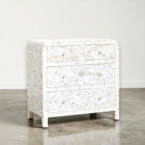 Full Mother Of Pearl Inlay Rectangle 4 Drawers Chest White