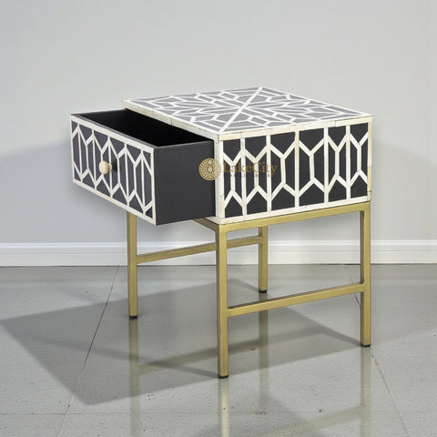 Geometric Bone Inlay Bedside Black 1 Drawer | Bone Inlay Nightstand