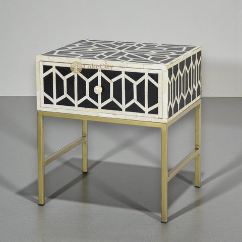 Geometric Bone Inlay Bedside Black 1 Drawer | Bone Inlay Nightstand