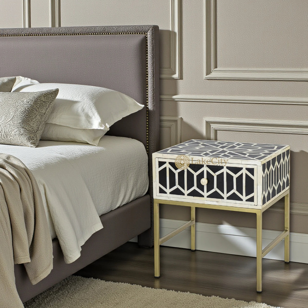 Geometric Bone Inlay Bedside Black 1 Drawer | Bone Inlay Nightstand