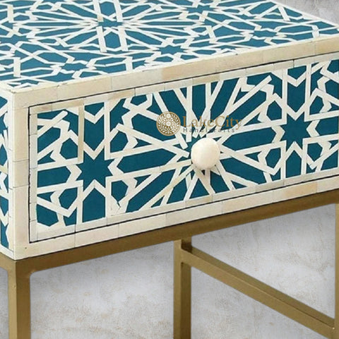 Geometric Star Bone Inlay Bedside Black 1 Drawer Green