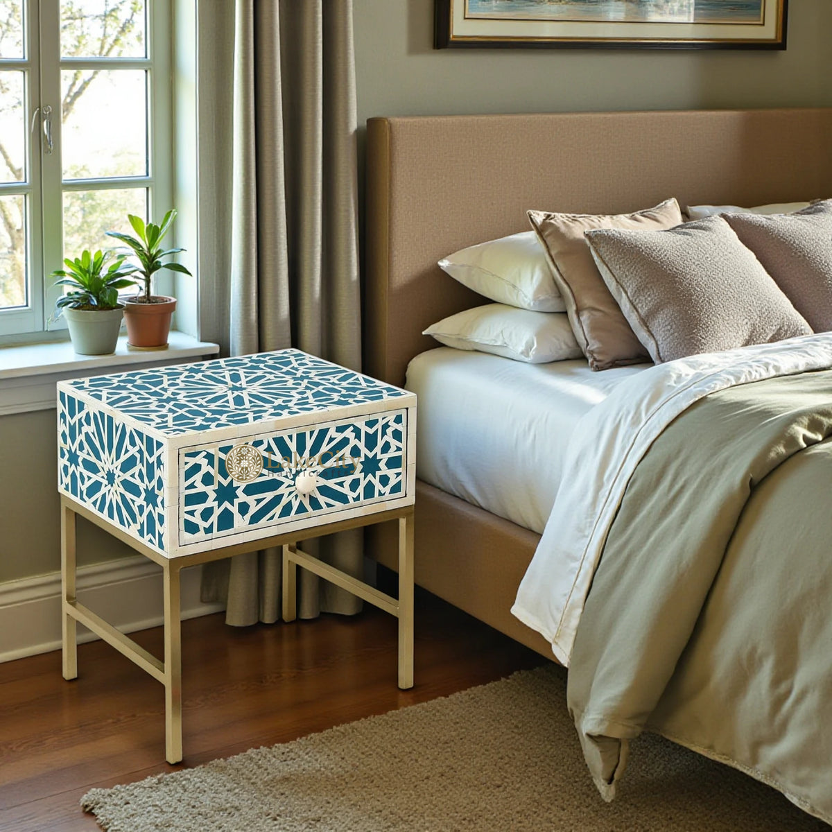 Geometric Star Bone Inlay Bedside Black 1 Drawer Green