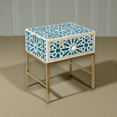 Geometric Star Bone Inlay Bedside Black 1 Drawer Green