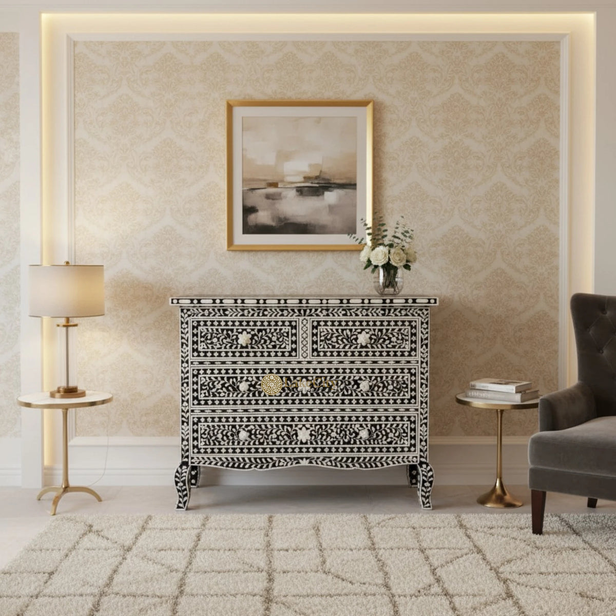 Grace Bone Inlay 4 Drawer Dresser Black | Black Bone Inlay Dresser