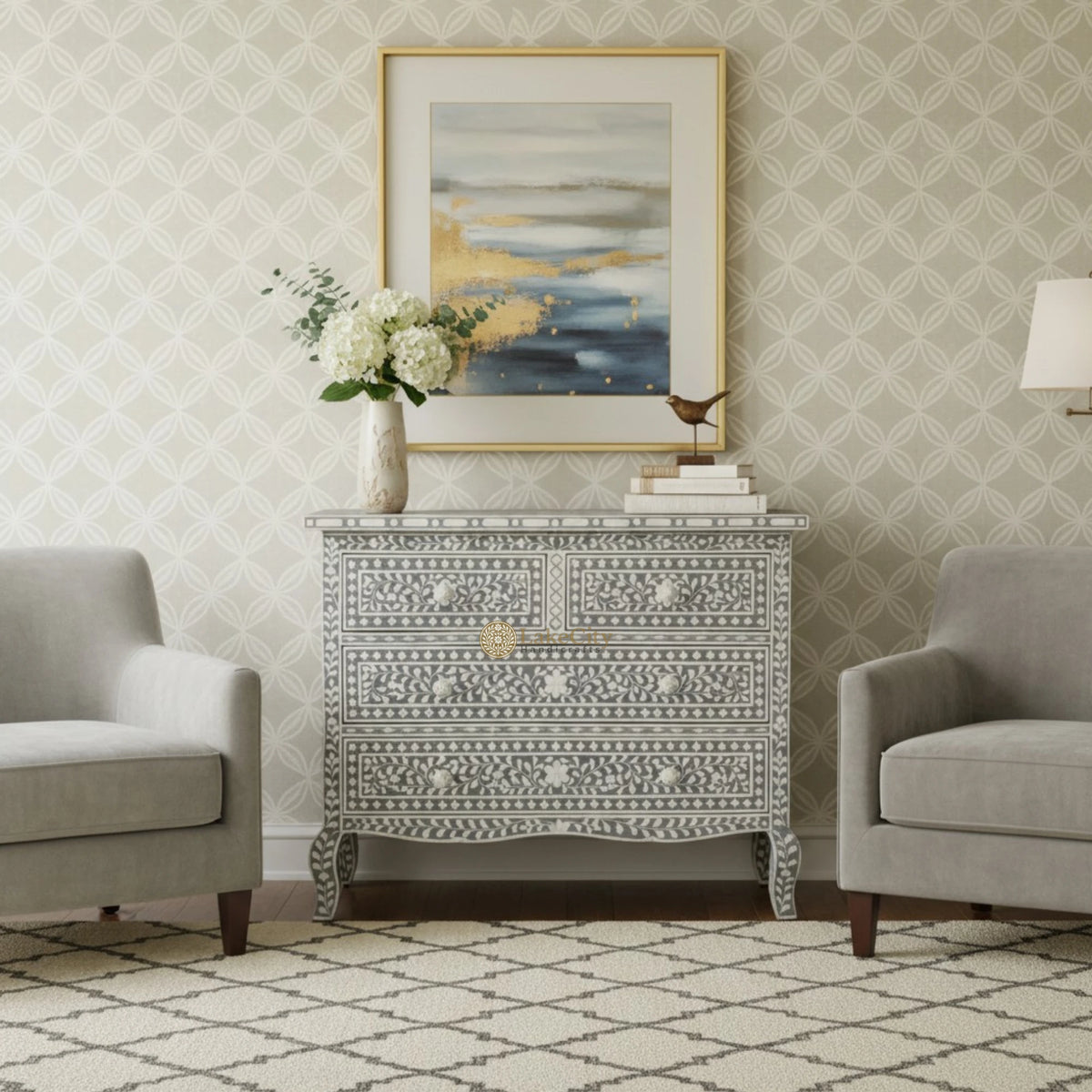 Grace Bone Inlay 4 Drawer Dresser Grey | Grey Bone Inlay Dresser