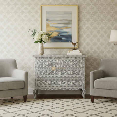 Grace Bone Inlay 4 Drawer Dresser Grey | Grey Bone Inlay Dresser