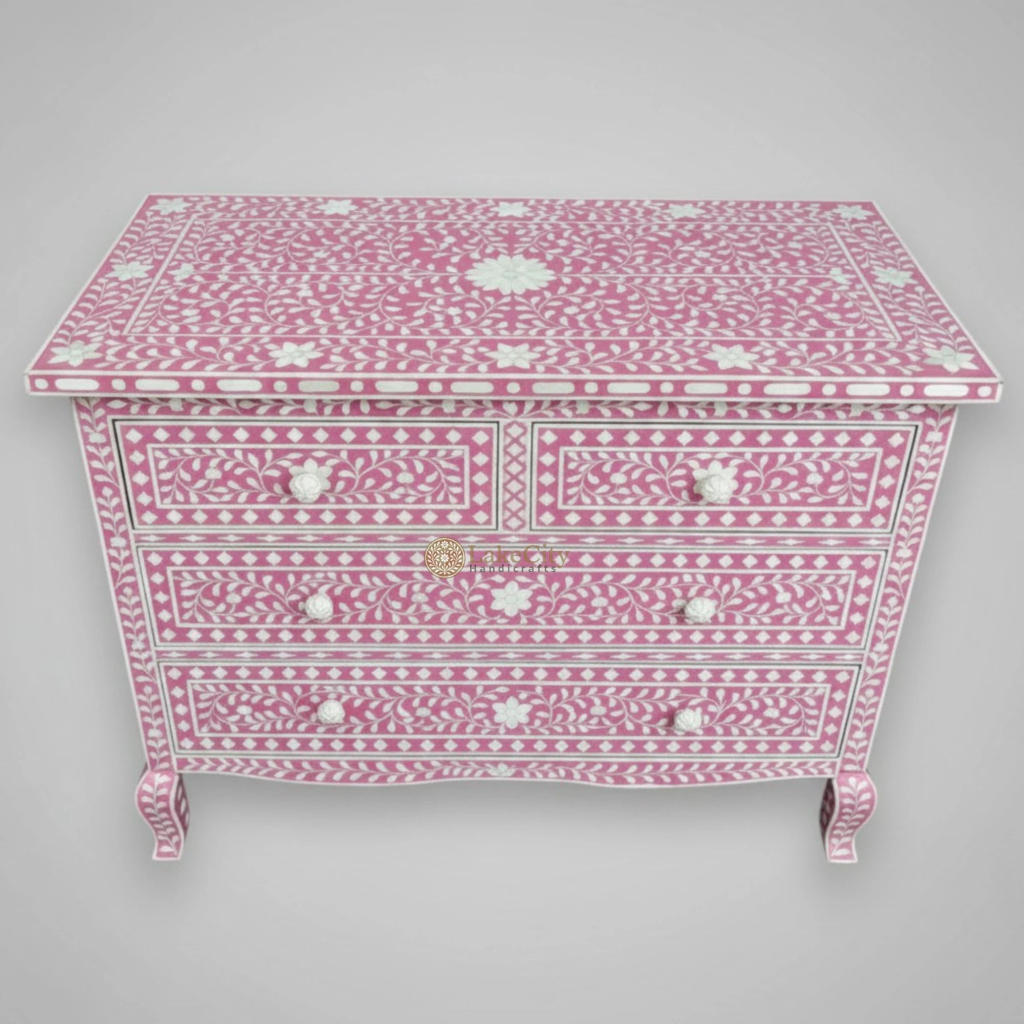 pink bone inlay dresser Handmade Pink Bone Inlay Chest of Drawers: Bohemian Floral Cabinet