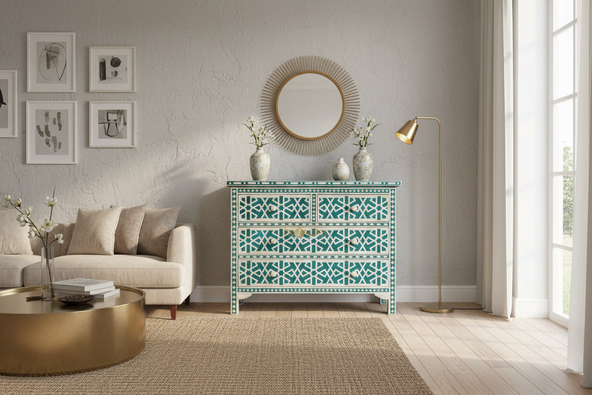 Green Bone Inlay Chest Of 3 Drawer Star Geometrical Design