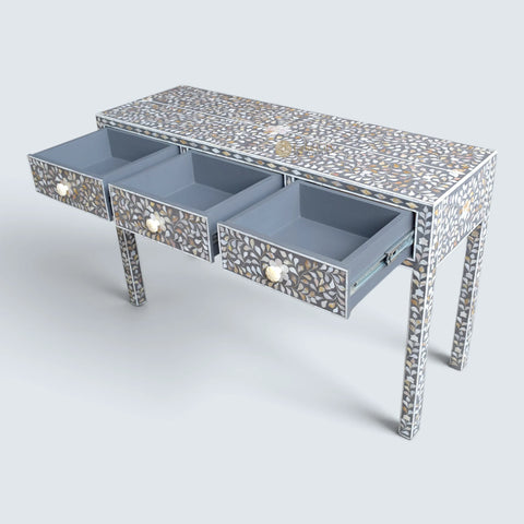 Grey Mother Of Pearl Inlay Floral 3 Drawer Console Table