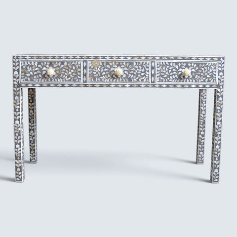 Grey Mother Of Pearl Inlay Floral 3 Drawer Console Table