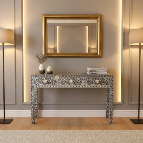 Grey Mother Of Pearl Inlay Floral 3 Drawer Console Table