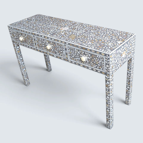 Grey Mother Of Pearl Inlay Floral 3 Drawer Console Table