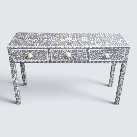 Grey Mother Of Pearl Inlay Floral 3 Drawer Console Table