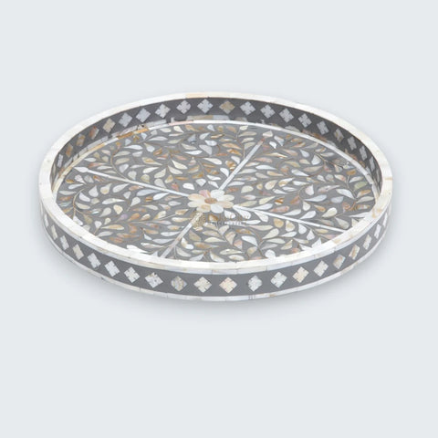 Grey Mother Of Pearl Inlay Floral Round Tray