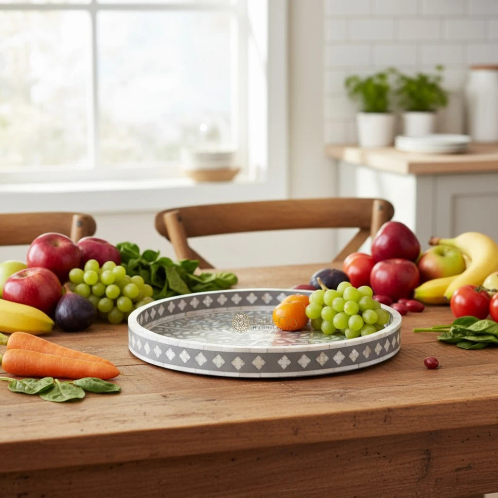 Grey Mother Of Pearl Inlay Floral Round Tray
