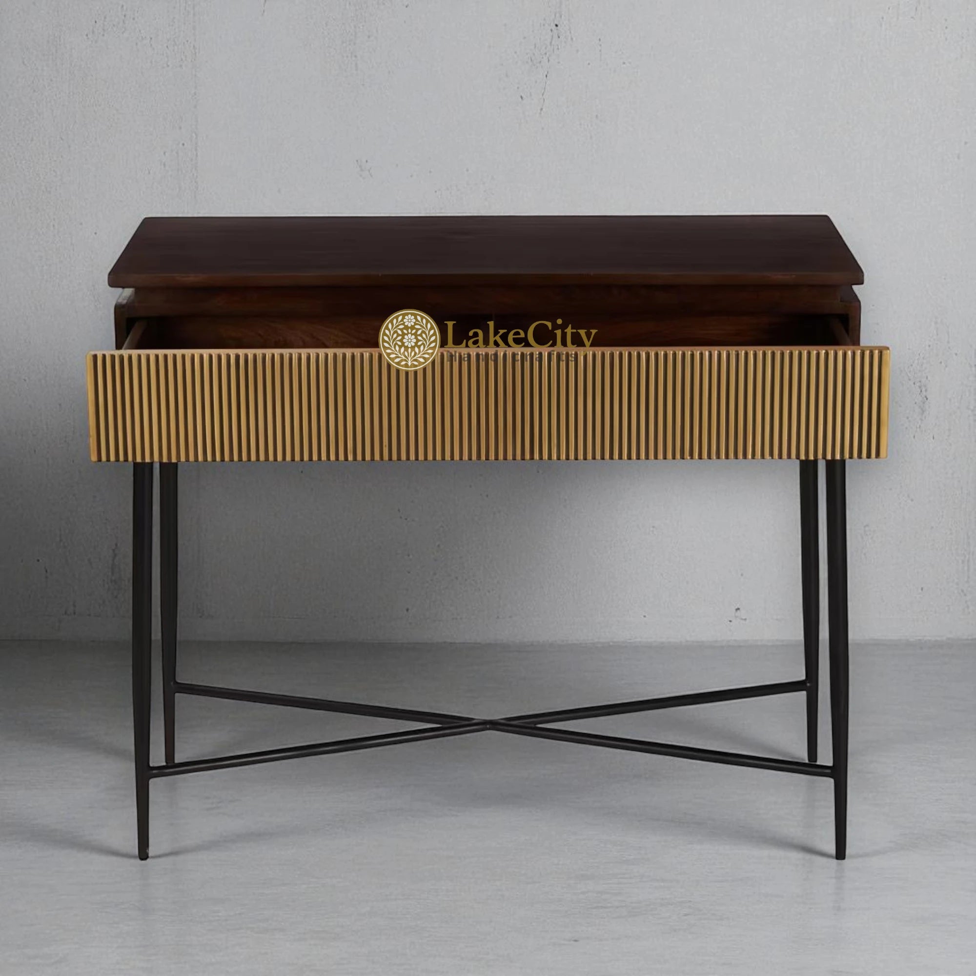 Hand-carved Brass Suvarn Console Table with Natural Brown