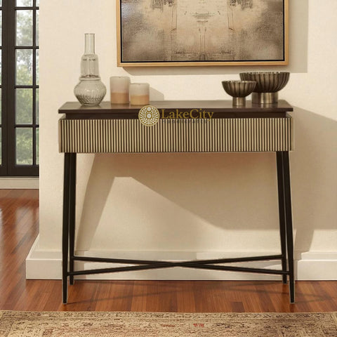 Hand-carved Brass Suvarn Console Table with Natural Brown