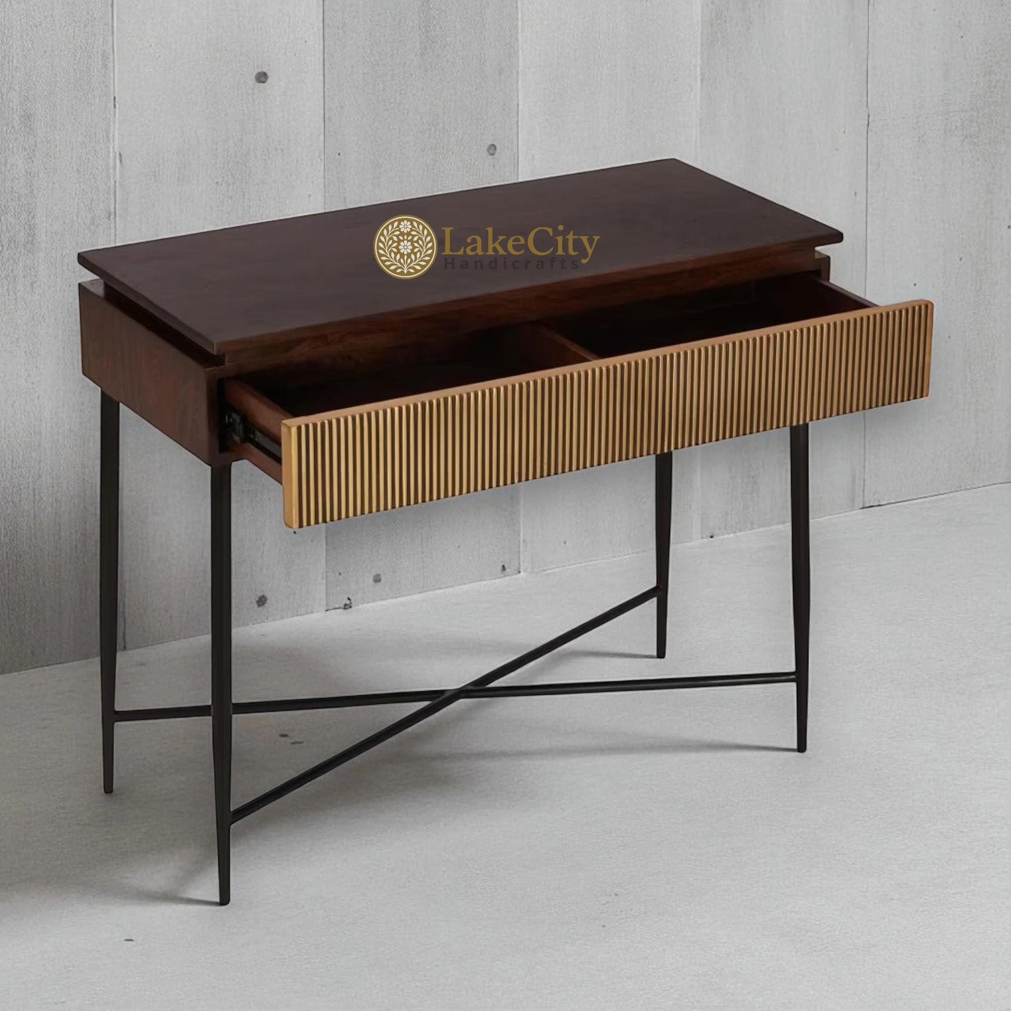 Hand-carved Brass Suvarn Console Table with Natural Brown