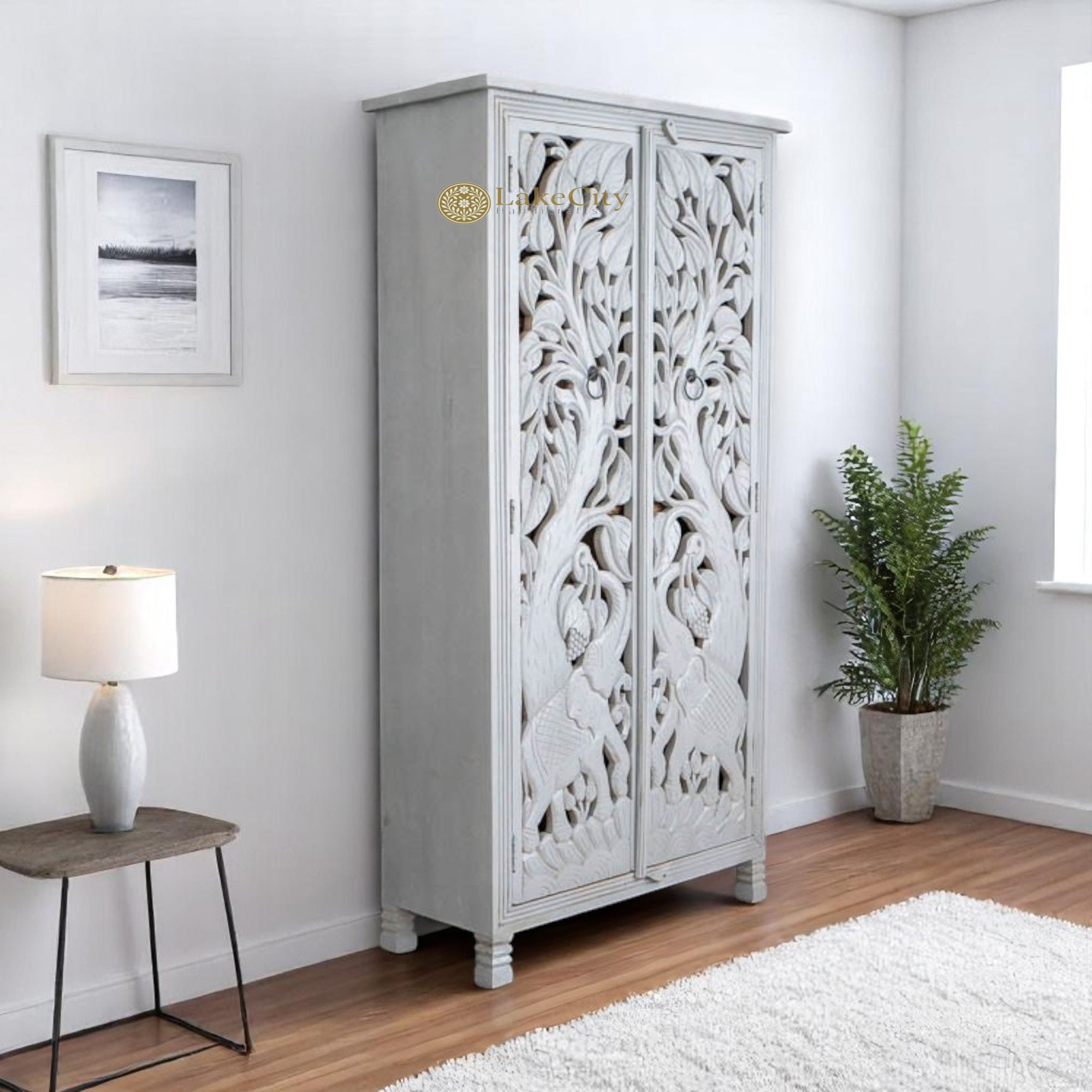 Hand-carved Elephants Design 2 Doors Armoire White | Hand-carved Elephants Design 2 Doors Wardrobe