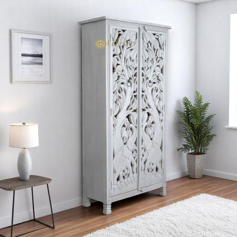 Hand-carved Elephants Design 2 Doors Armoire White | Hand-carved Elephants Design 2 Doors Wardrobe