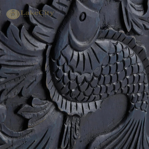 Hand-carved Fish-wave 2 Doors Armoire Black | Hand-carved Wood Fish-wave 2 Doors Wardrobe