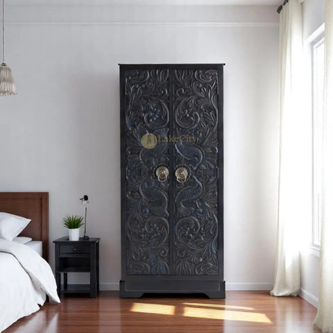 Hand-carved Fish-wave 2 Doors Armoire Black | Hand-carved Wood Fish-wave 2 Doors Wardrobe