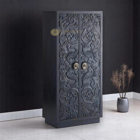 Hand-carved Fish-wave 2 Doors Armoire Black | Hand-carved Wood Fish-wave 2 Doors Wardrobe