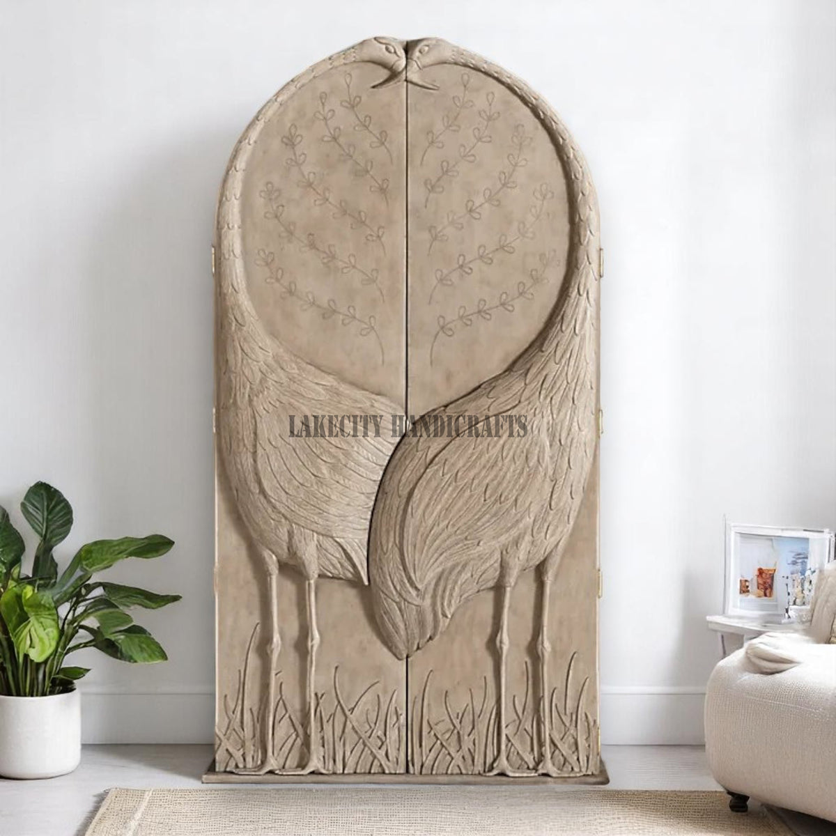 Hand-carved Flamingo 2 Doors Armoire Natural Brown | Hand-carved Flamingo 2 Doors Wardrobe Natural Brown