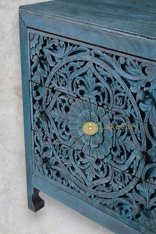 Hand-carved Floral Design 3 Drawers Bedside Table Indigo | Hand-carved Floral Design 3 Drawers Nightstand Table