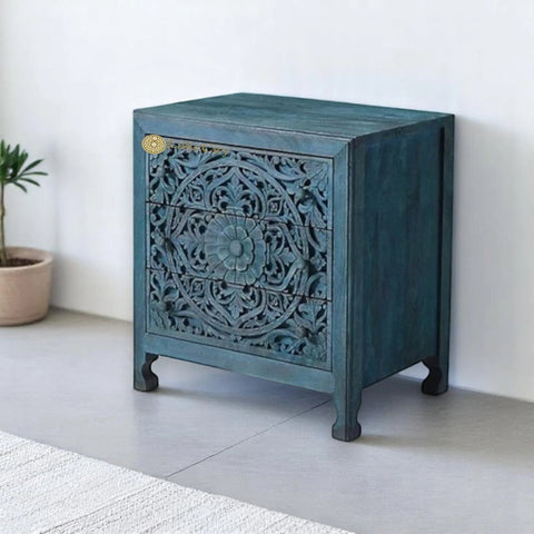Hand-carved Floral Design 3 Drawers Bedside Table Indigo | Hand-carved Floral Design 3 Drawers Nightstand Table