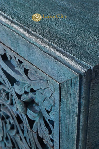 Hand-carved Floral Design 3 Drawers Bedside Table Indigo | Hand-carved Floral Design 3 Drawers Nightstand Table