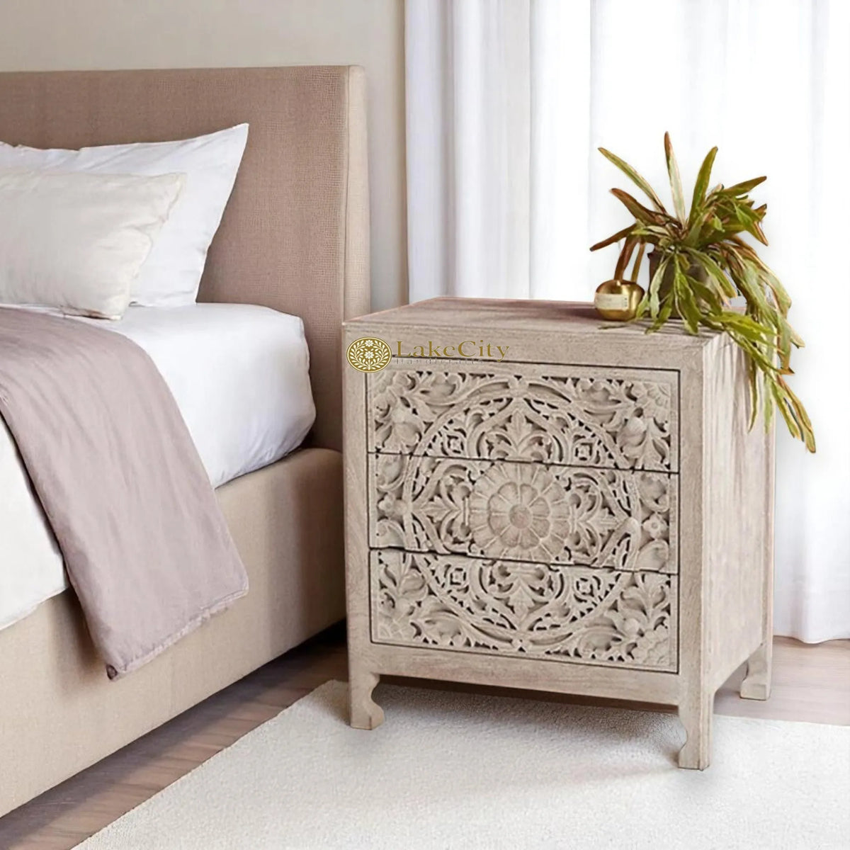 Hand-carved Floral Design 3 Drawers Bedside Table Washed Grey | Hand-carved Floral Design 3 Drawers Nightstand Table