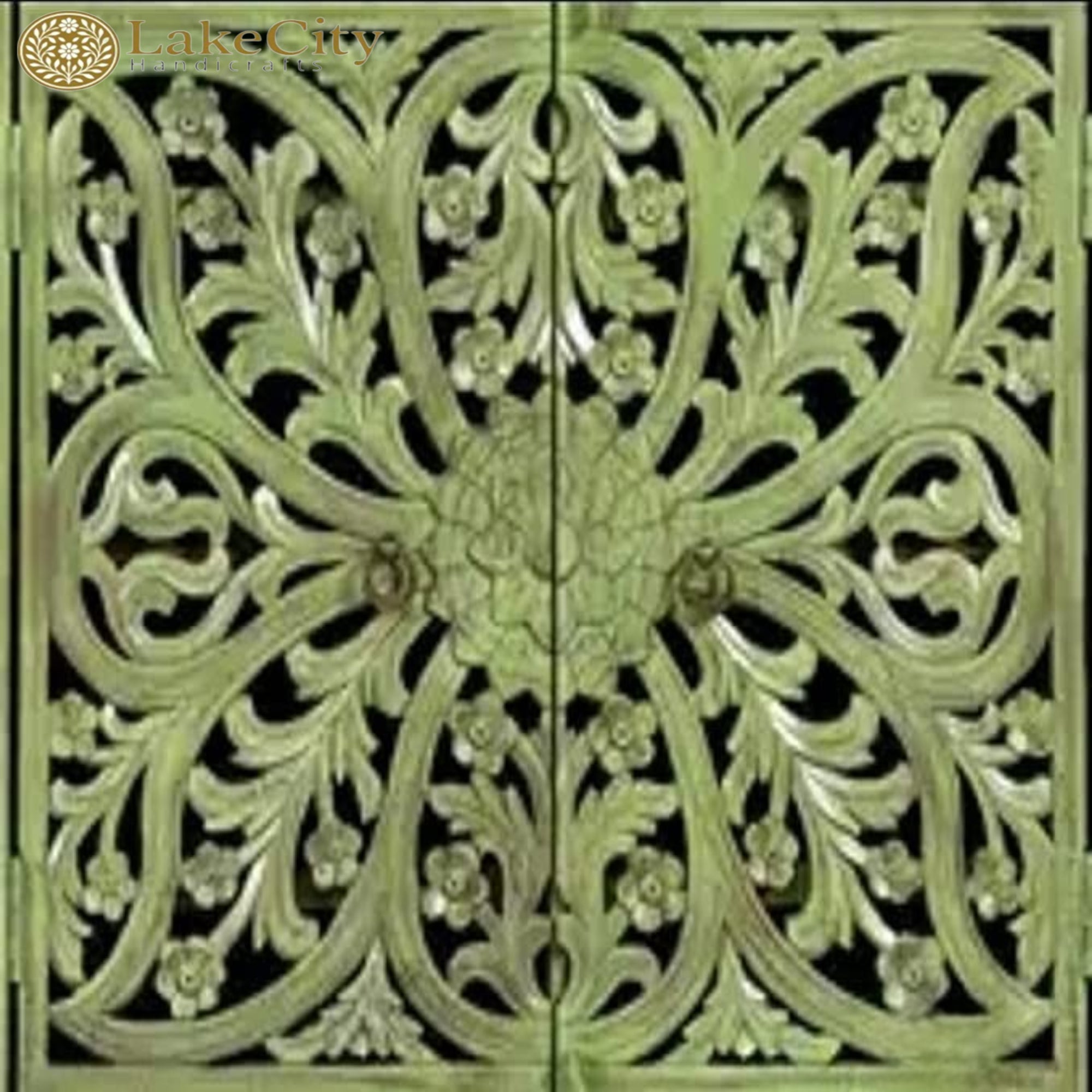 Hand-carved Floral Design 4 Doors Sideboard Buffet Green