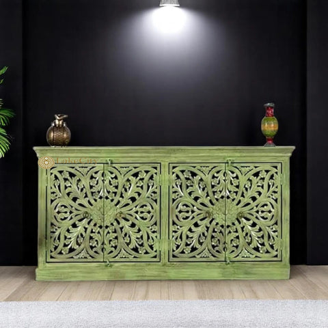 Hand-carved Floral Design 4 Doors Sideboard Buffet Green