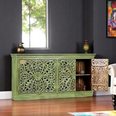 Hand-carved Floral Design 4 Doors Sideboard Buffet Green