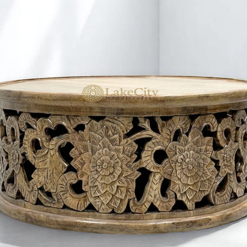 Hand-carved Floral Design Coffee Table Large in Dark Brown