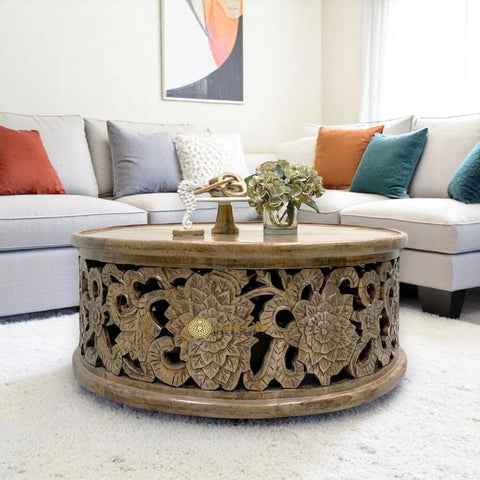 Hand-carved Floral Design Coffee Table Large in Dark Brown