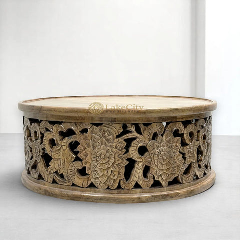 Hand-carved Floral Design Coffee Table Large in Dark Brown