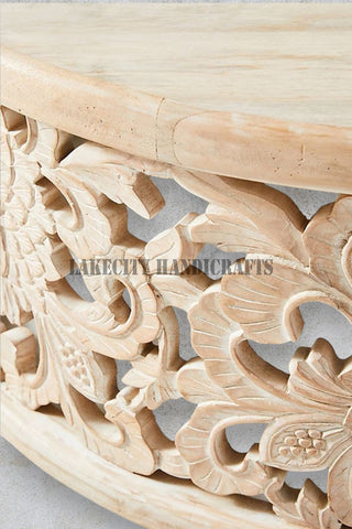 Hand-carved Floral Design Coffee Table Large in Natural Brown