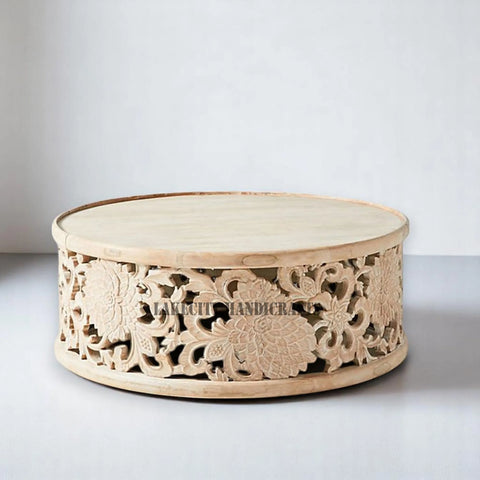 Hand-carved Floral Design Coffee Table Large in Natural Brown