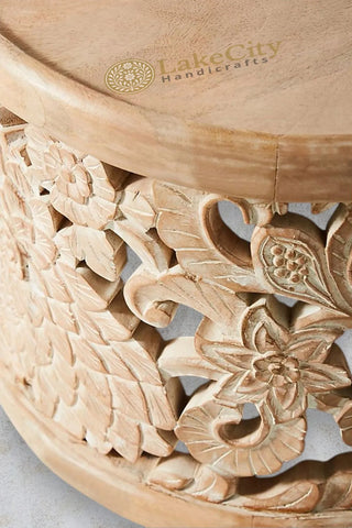 Hand-carved Floral Side Table Natural Brown
