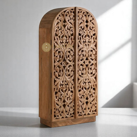 Hand-carved Flower-vine 2 Doors Armoire Natural Brown | Hand-carved Wood Flower-vine 2 Doors Wardrobe