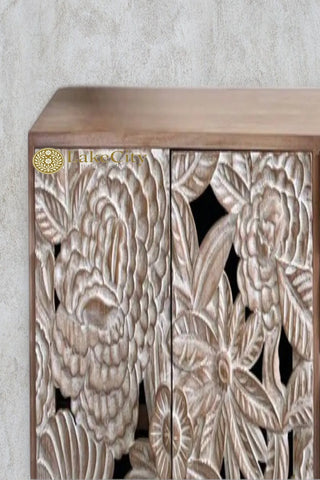 Hand-carved Large Roses 4 Door Sideboard Buffet Whitewashed