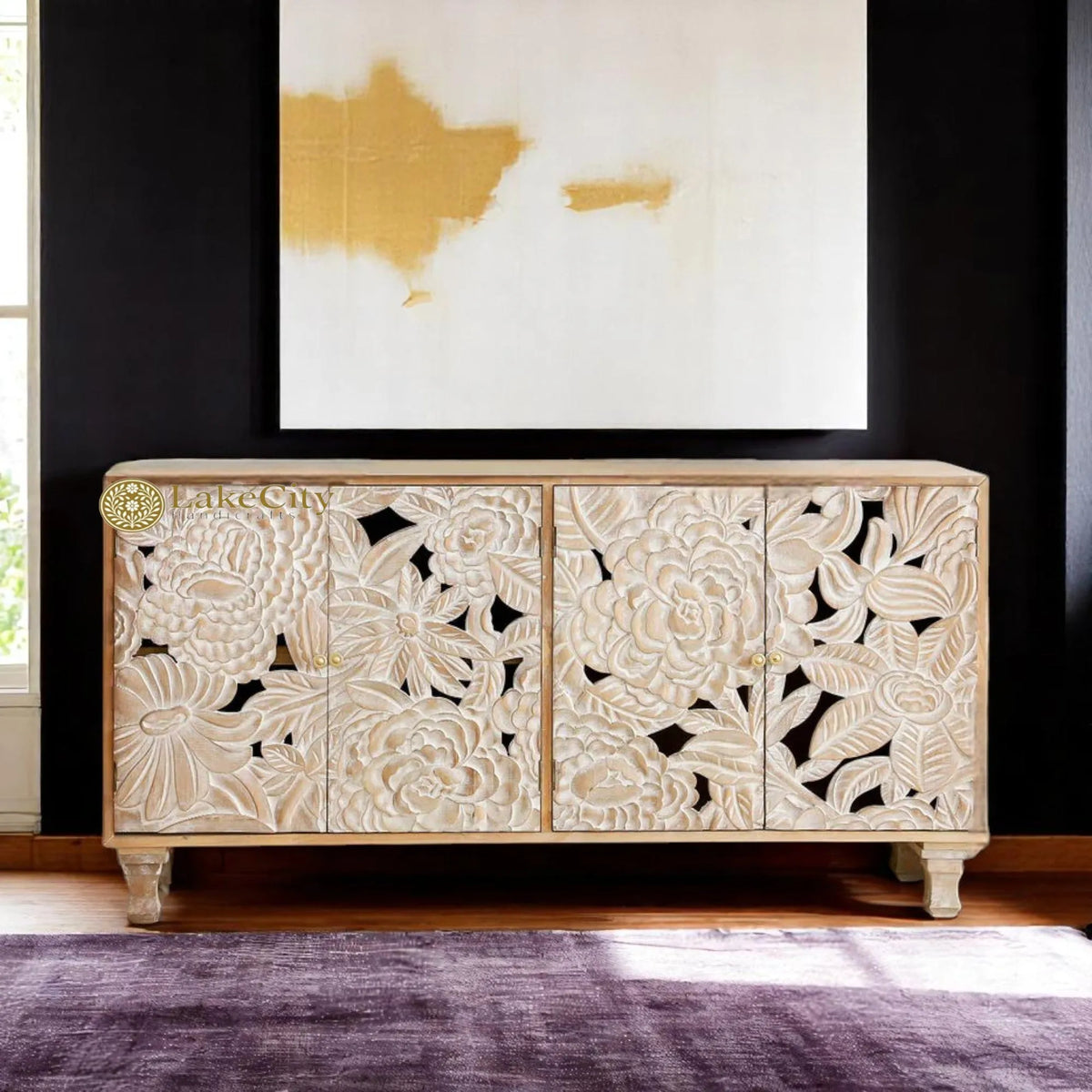 Hand-carved Large Roses 4 Door Sideboard Buffet Whitewashed