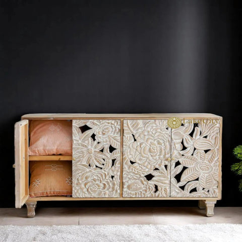 Hand-carved Large Roses 4 Door Sideboard Buffet Whitewashed