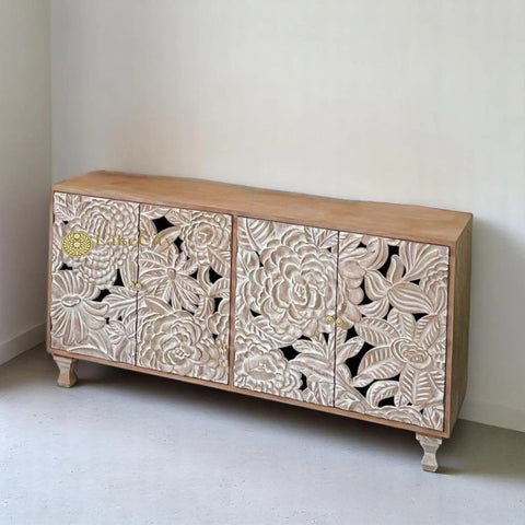 Hand-carved Large Roses 4 Door Sideboard Buffet Whitewashed
