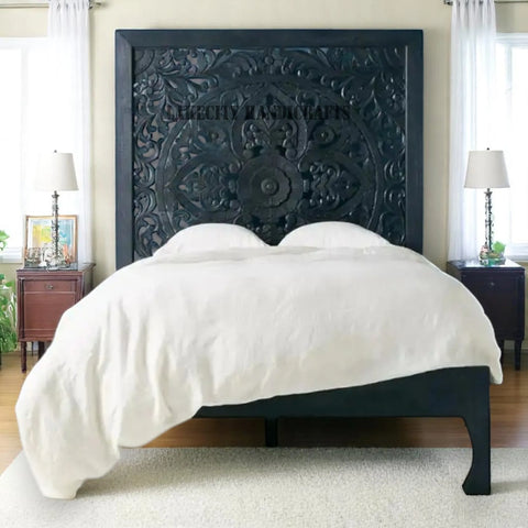 Hand-carved Lombok Bed Natural Blue | Wood Carved Bed Natural Frame Blue