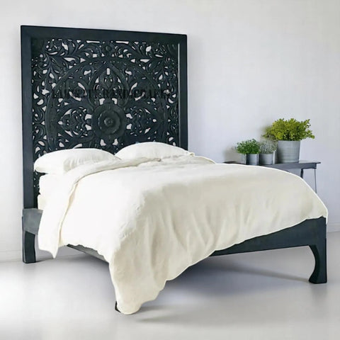 Hand-carved Lombok Bed Natural Blue | Wood Carved Bed Natural Frame Blue